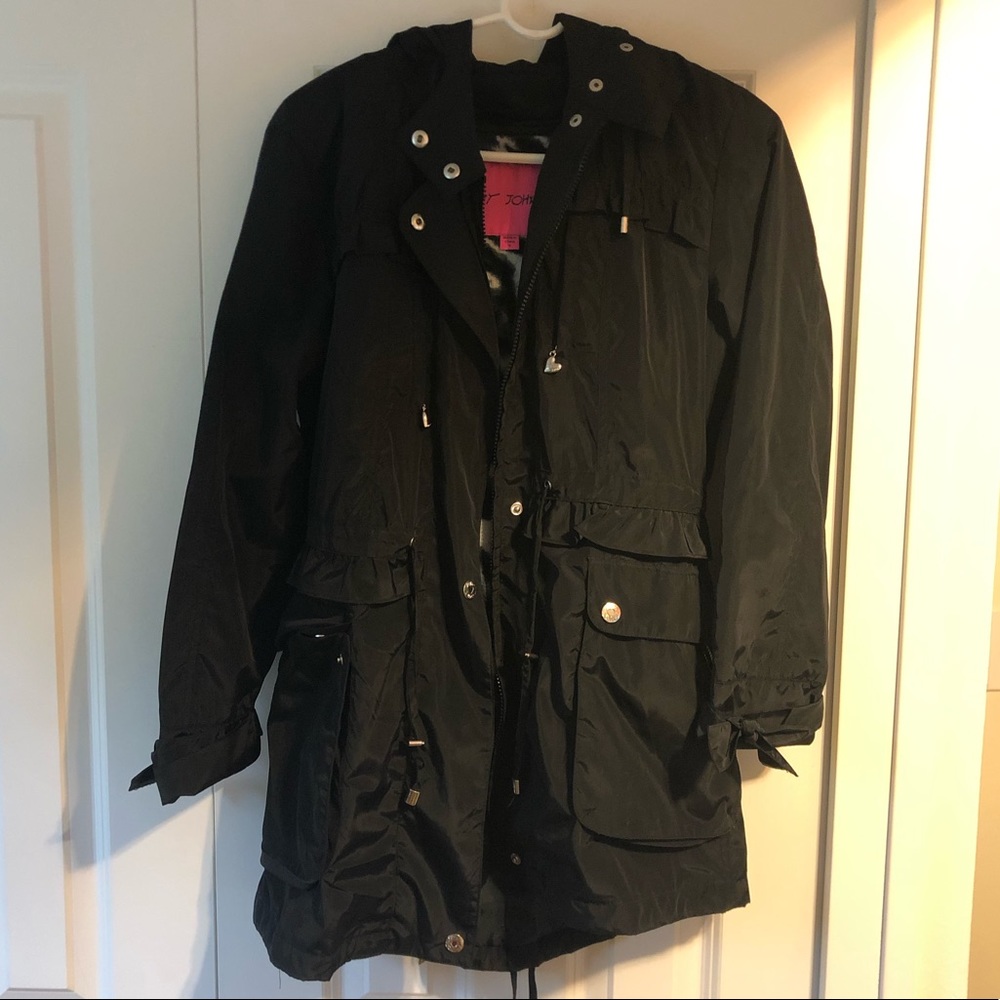Betsey Johnson Hooded Black Raincoat Size Small
